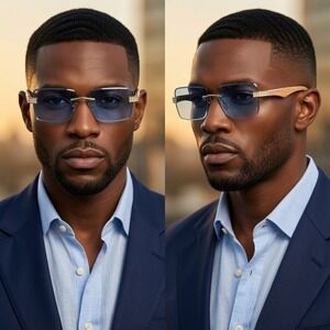 Sunglasses Men Shades Rectangular Gold Frame Hip Hop Style Retro Blue Lens Gafas